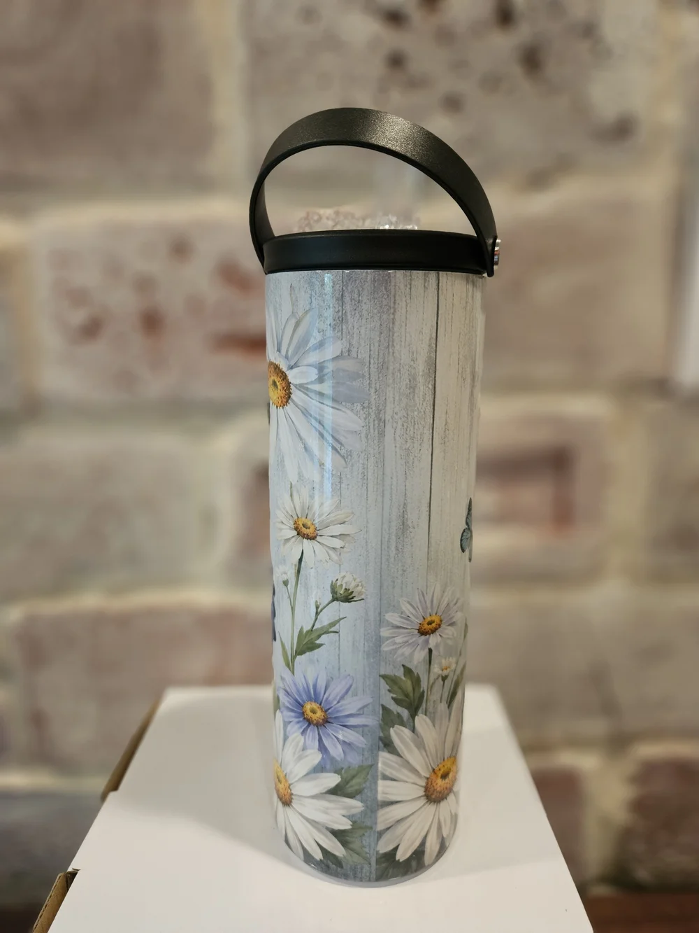 Hand Crafted Blue Floral & Butterfly Insulated Travel Tumbler